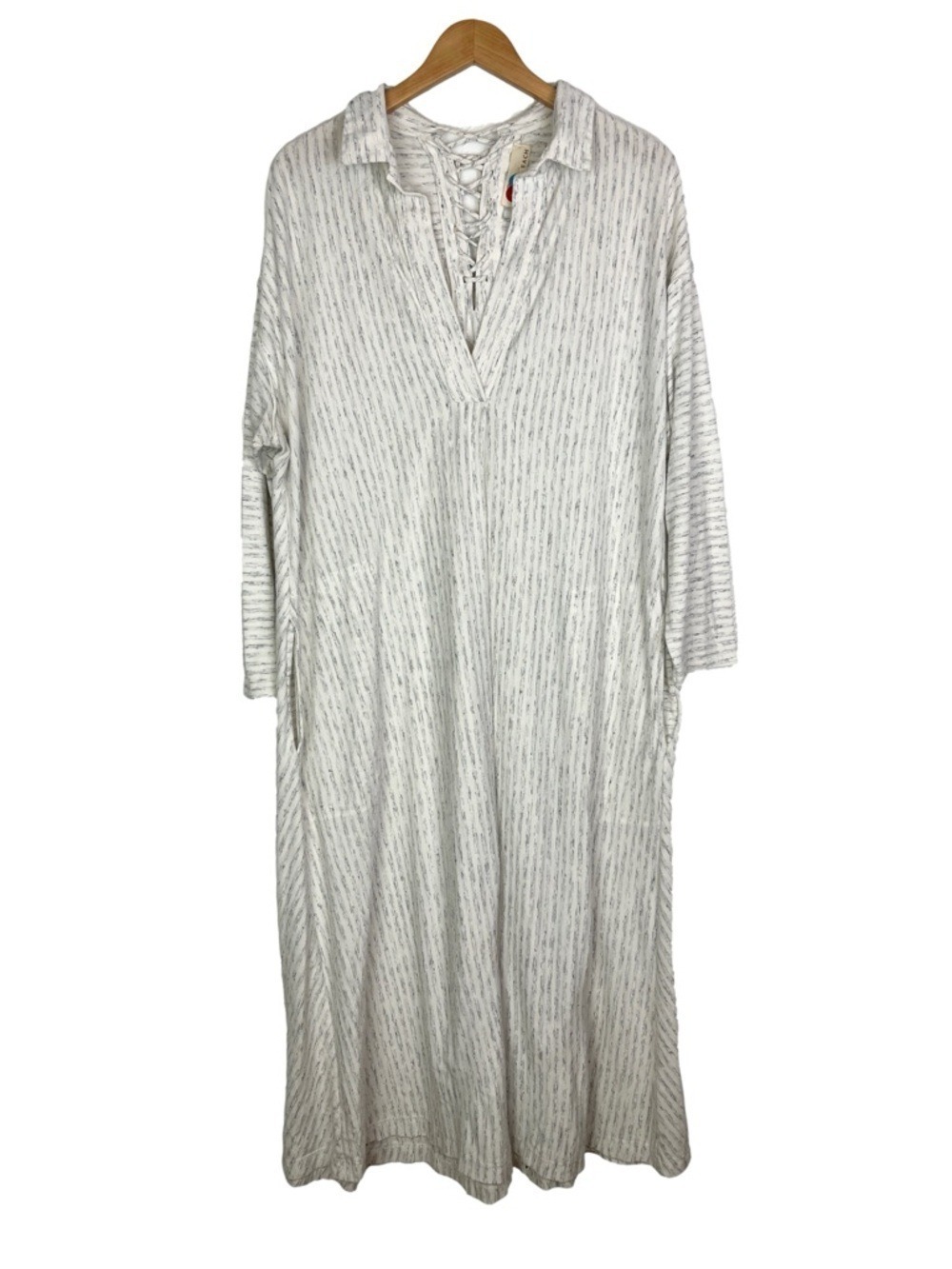 Free People Beach White Gray Stripe Midi Dress Kaftan Swim Cover Pockets large - Picture 4 of 8